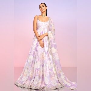 Purple Tabby Silk Printed And Embroidered Botanical Deep Round Anarkali Set